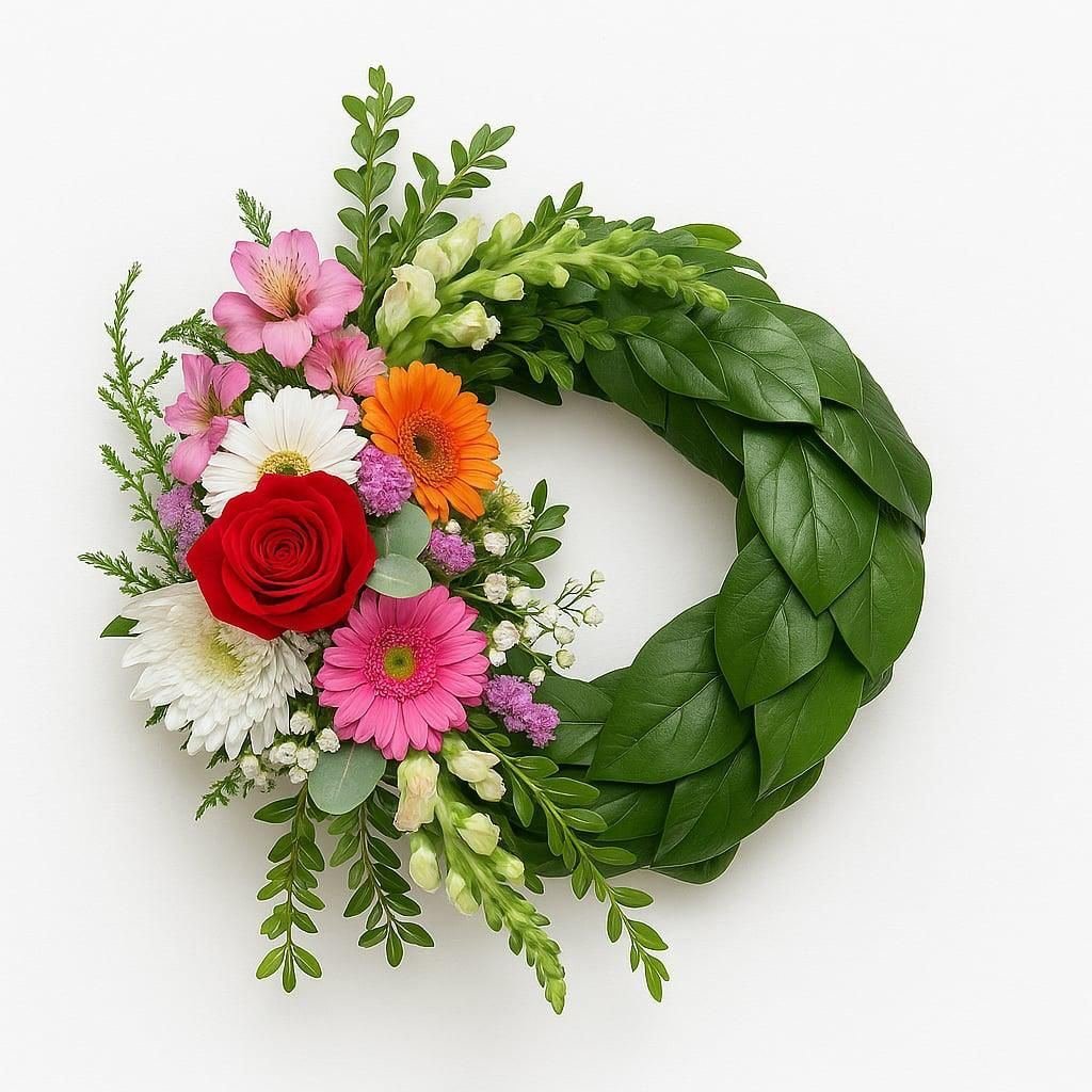 Remembrance wreath of salal leaves with roses and gerberas