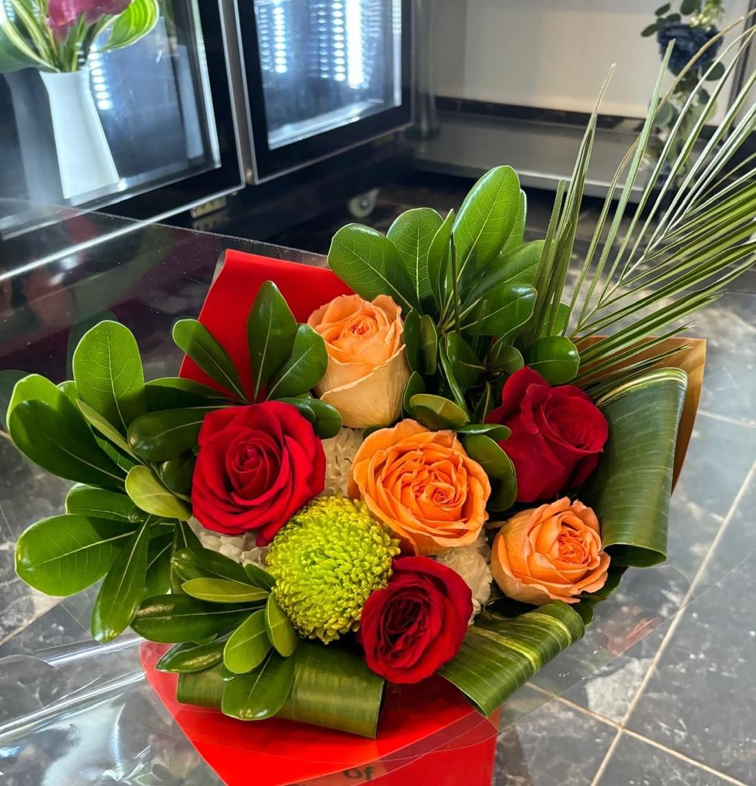 Red and peach rose bouquet